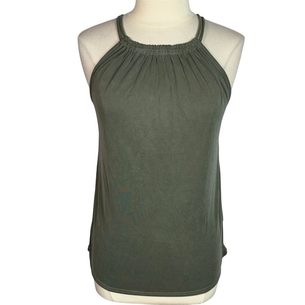 Green Envelope Women's M Olive Pleated Ribbed Knit Halter Tank Top